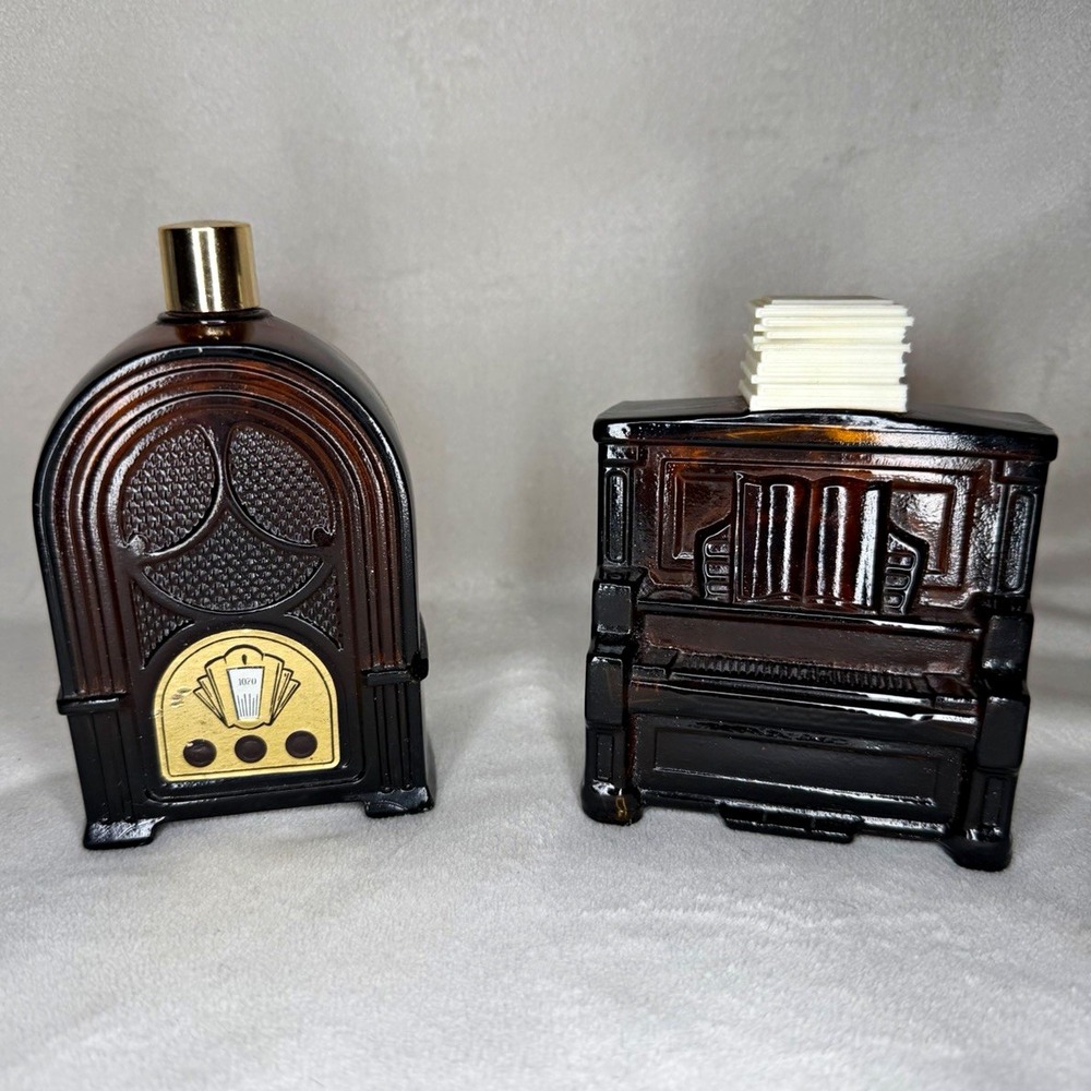 Vintage Avon 1970s 2pc Glossy Brown/Black Glass Radio & Piano Decanter Bottles